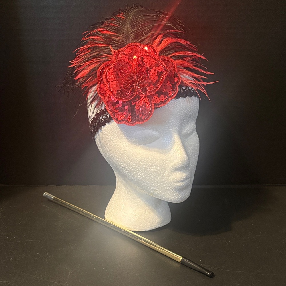 Chic Red and Black Feathered Flapper. Headband